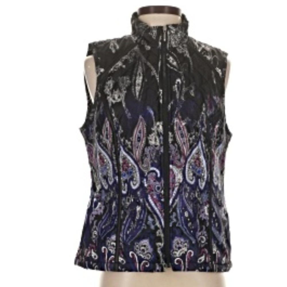 Zenergy by Chicos Womens Quilted Paisley Vest Black Blue Purple Mock Neck Size M